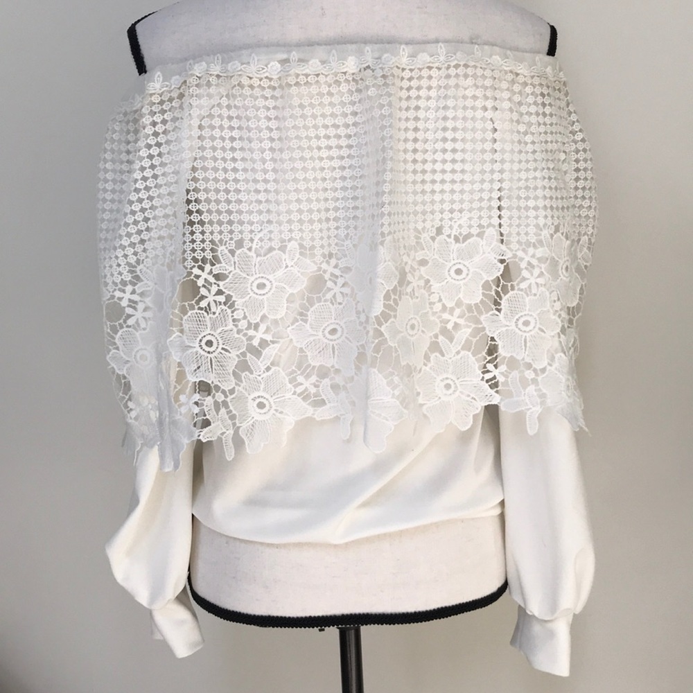 2nd Flower Off Shoulder White Floral Lace Layered Long-Sleeve Top Size S - Picture 2 of 7